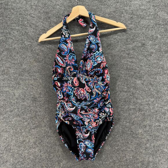 Time And Tru Swimsuit Women S Small Black Floral One Piece Halter Neck Push Up - Picture 1 of 4